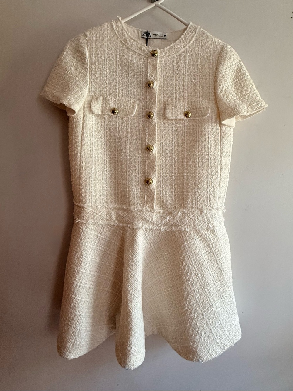 Zara Women’s Cream Tweed Short-Sleeve Dress with Gold Buttons